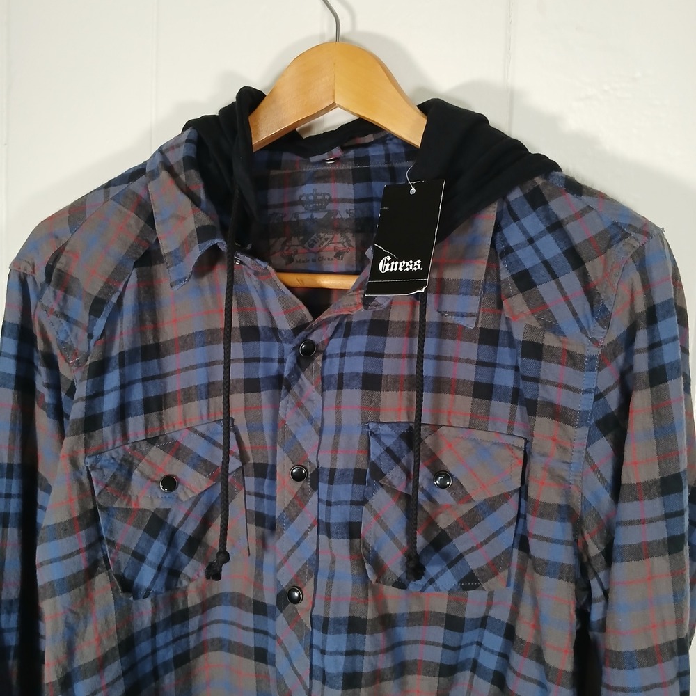 New - Guess Convertible Hooded Flannel Snap Western Shirt Men L Long Sleeve